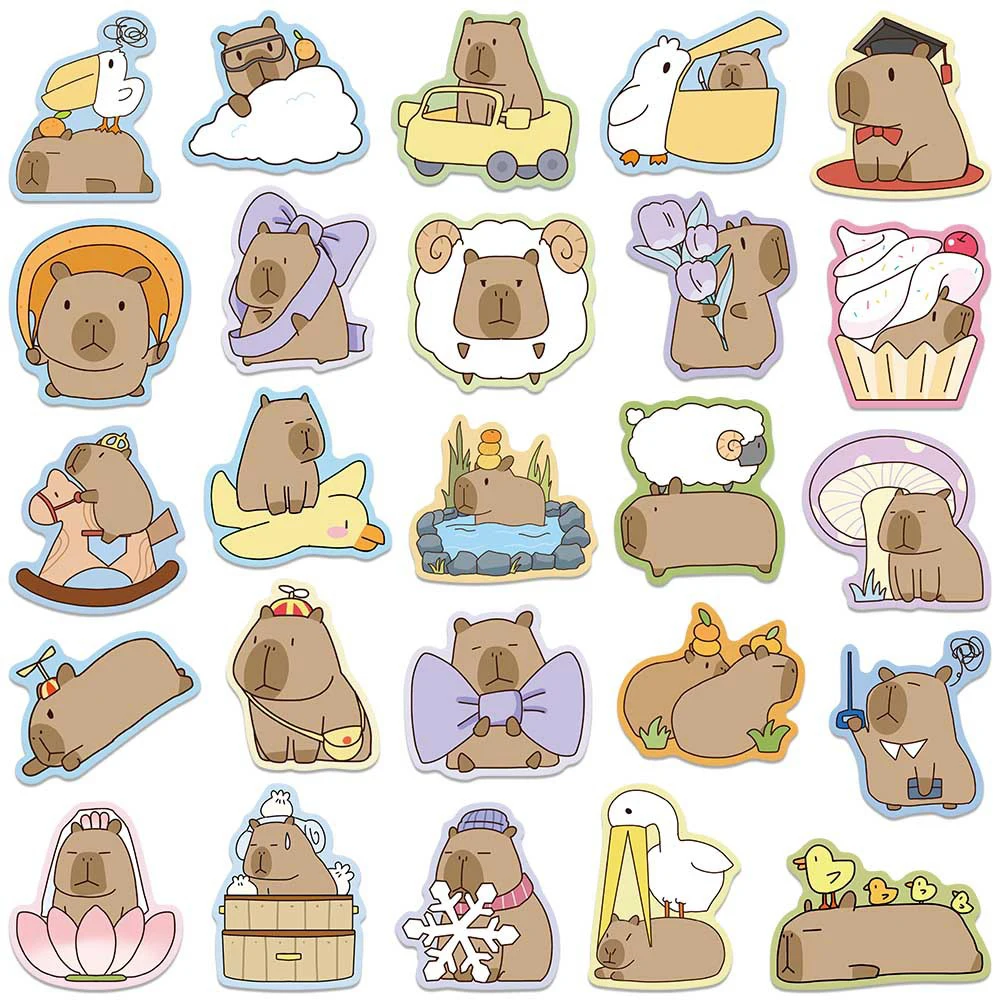 สติกเกอร์ลายการ์ตูนคาปิบาร่าน่ารัก 10/30/50 ชิ้น สติกเกอร์สัตว์น่ารักสำหรับตกแต่งสมุดภาพ โทรศัพท์ กีตาร์ จักรยาน สติกเกอร์กราฟฟิตีหลากสี