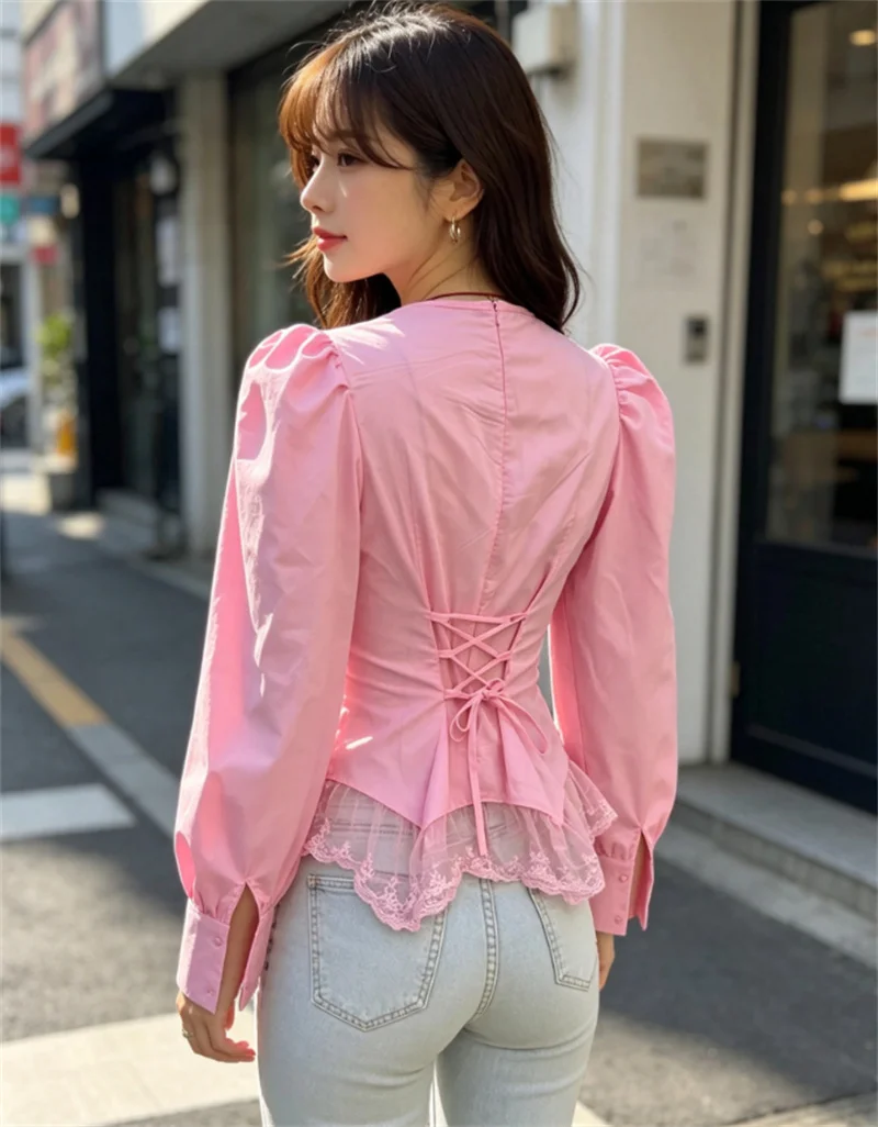 Guobioziy Women's Top 2026 Fall New Arrival Long Sleeve Lace Splice Drawstring Adjustable Waist Slim Fit Top Elegant and Stylish