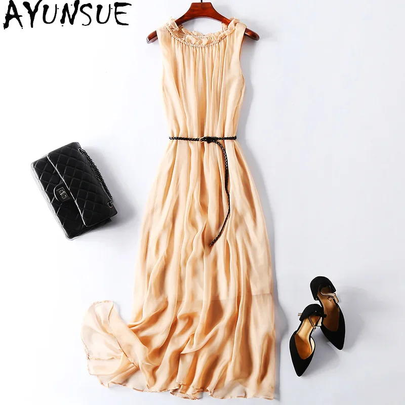 AYUNSUE-Vestidos Largos de seda de morera para mujer, ropa elegante sin mangas para verano, 100%