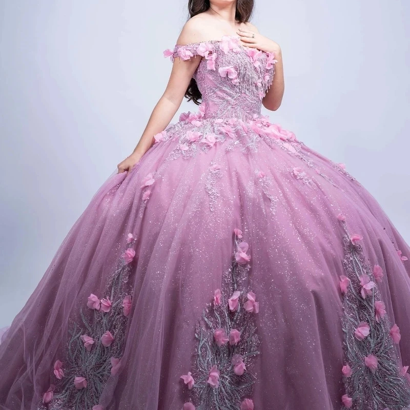 2025 Pink Shiny Off the Shoulder Quinceanera Dresses Appliques Lace Beads Tull Prom Dress Princess Junior Party Gown vestidos de