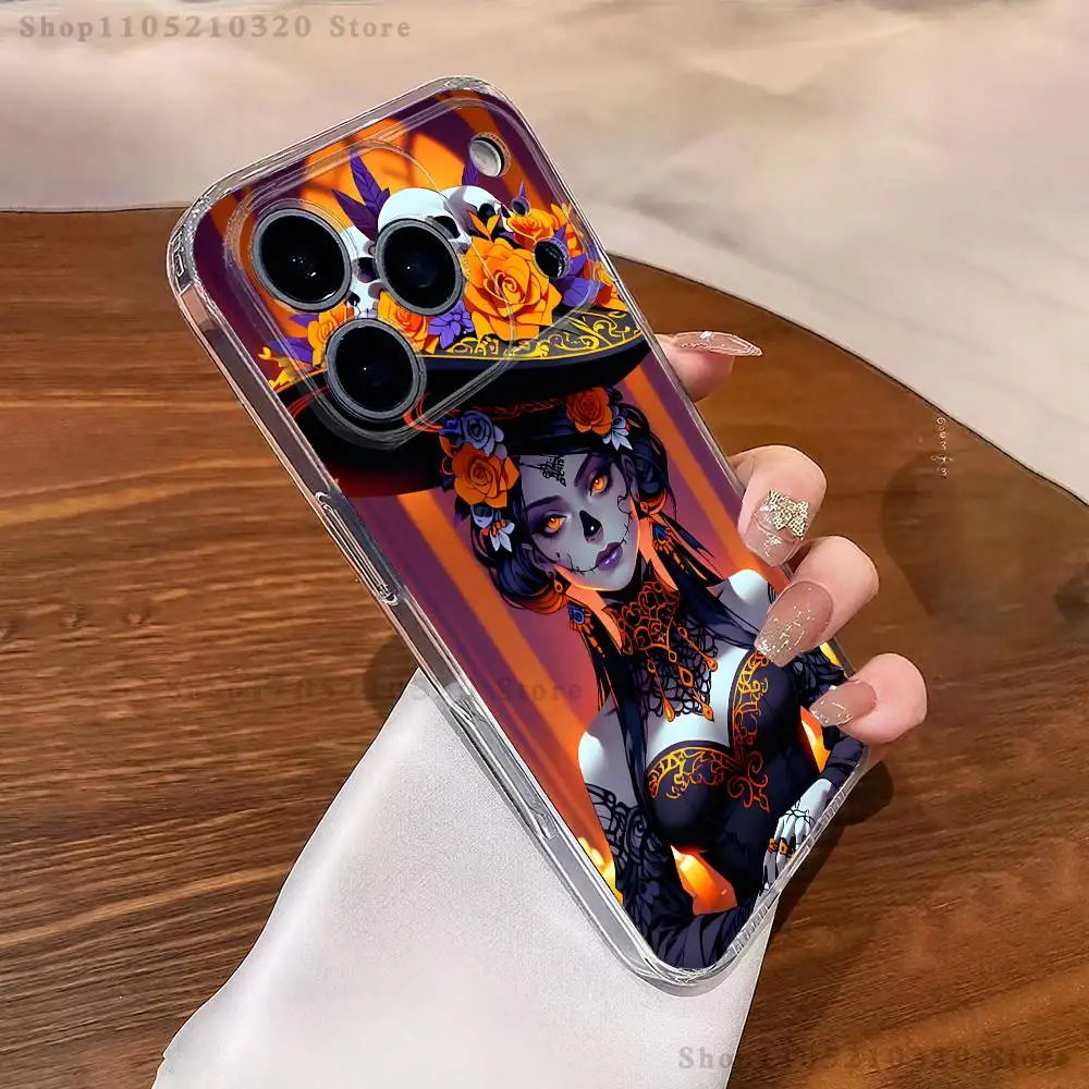 Skull Girl Catrina Mexican Phone Case For iPhone 17,16,11,15,13,14,12,Air,Mini,Plus,Pro,Max,Plus,E Clear Soft Shell