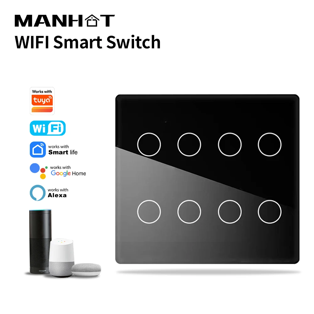 MANHOT Wifi Smart 4*4 Brazil Switch 4/6/8 Gang Light Wall Touch Switch Glass Panel APP Control Work With Tuya Alexa Google Home