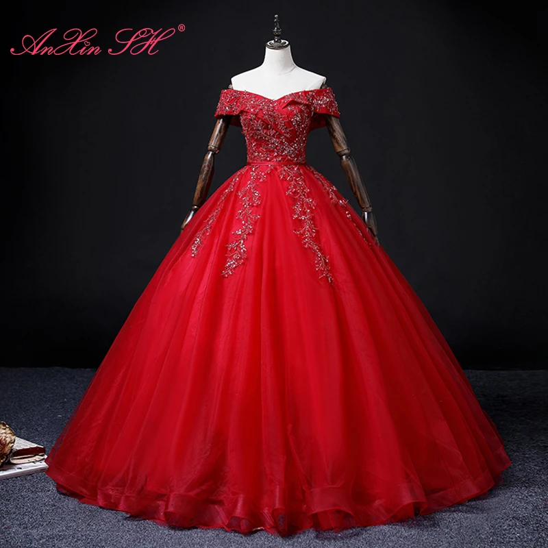 Anxin sh vintage renda vermelha barco pescoço beading cristal vestido de baile princesa flor brilhante anfitrião rendas até vestido de noite personalizado