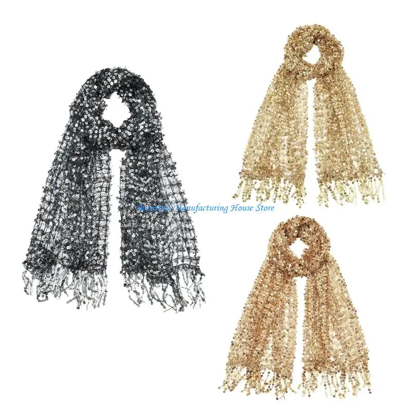 

E56A Sequins Shawls Lady Shoulder Wrap Embroidered Tassels For Formal Event