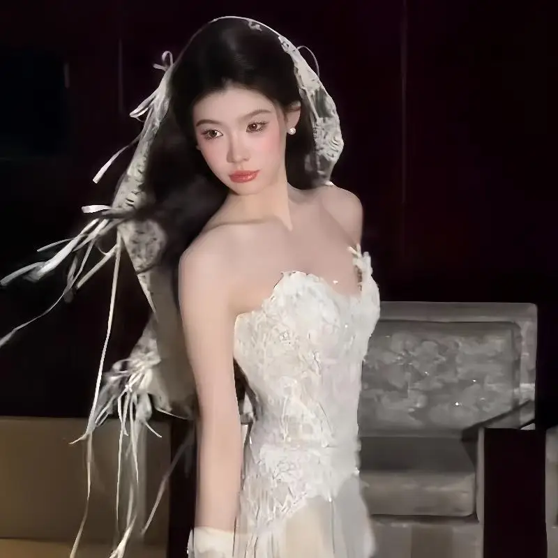 

1Pcs French Style Elegant Embroidered Short Bride Weeding Headwear Vintage Full Lace Bridal s With Bow Ribbon