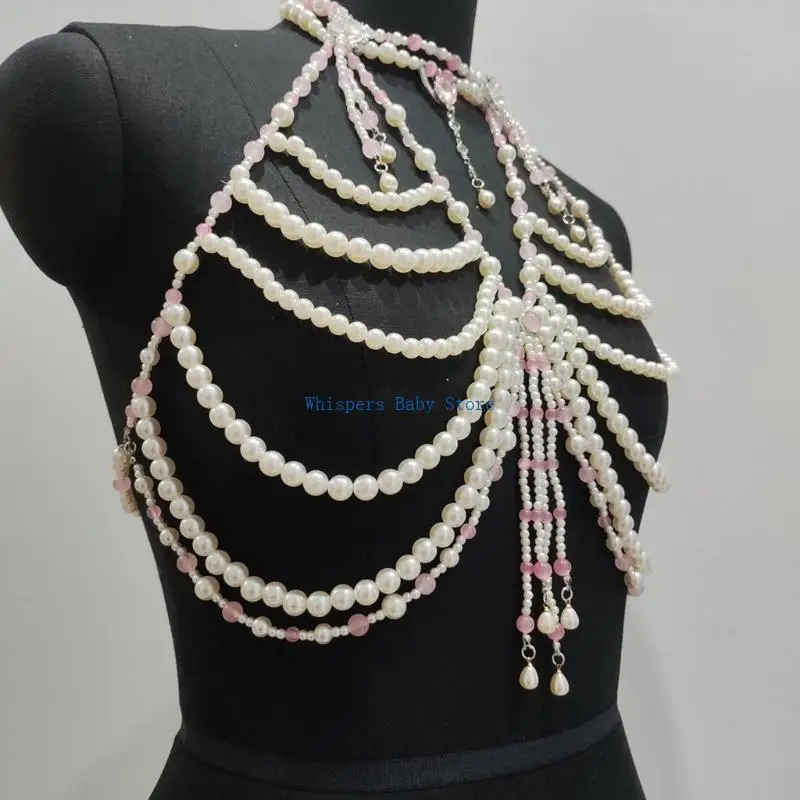 U90E Fashionable Imitation Pearls Beaded Body Chain Necklace Bra Jewelry Pieces for Festivals and Special Occasions