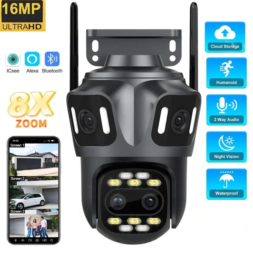 10K 16MP Four Lens Three Screen WIFI IP Camera Outdoor AI Human Detection Waterproof CCTV Video Security Camera ICsee