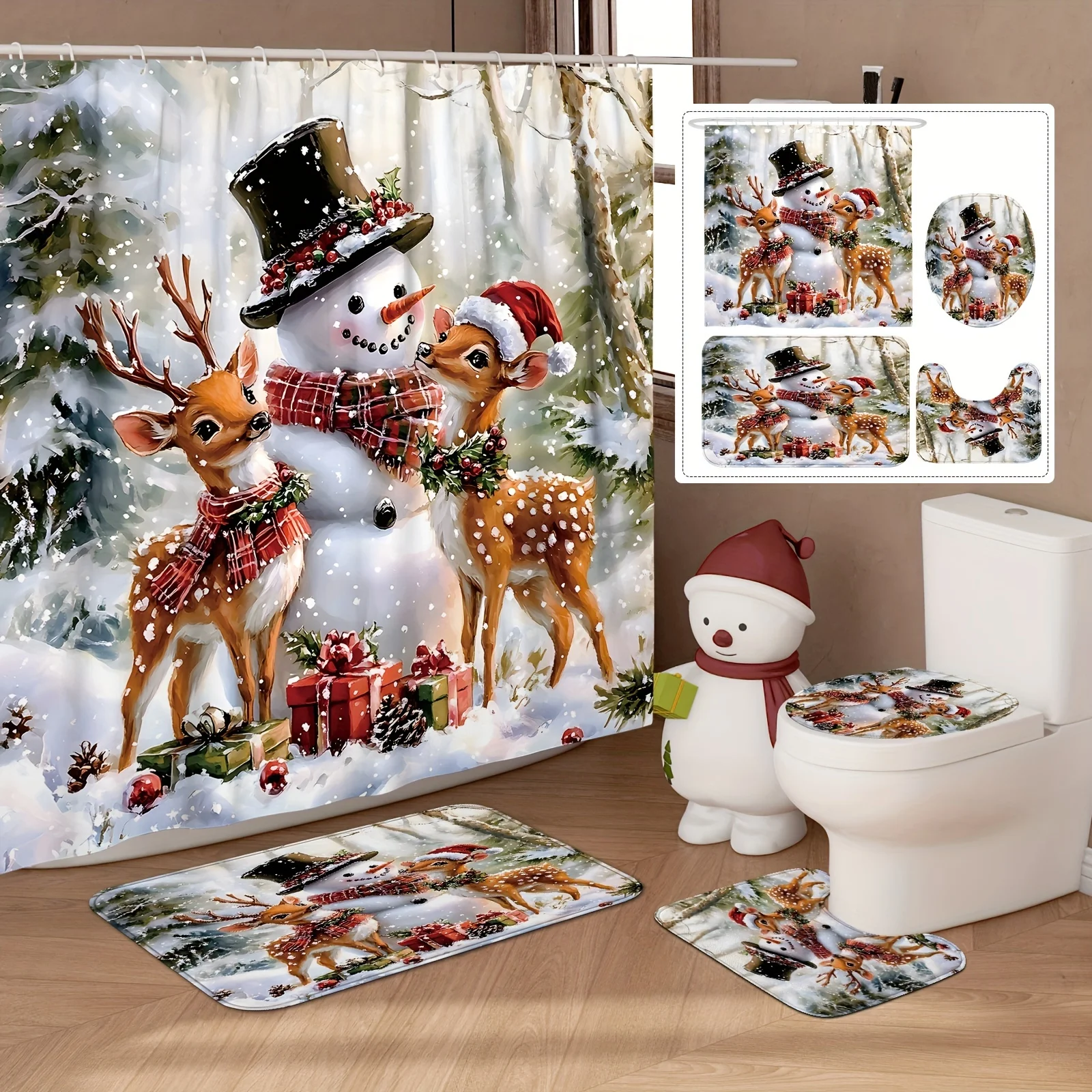 

4Pcs Xmas Bath Set, Snowman Deer Santa Hat, White Brown Design, Holiday Decor, 12 Hooks, Non-Slip Mat, U-Shaped Toilet Cover