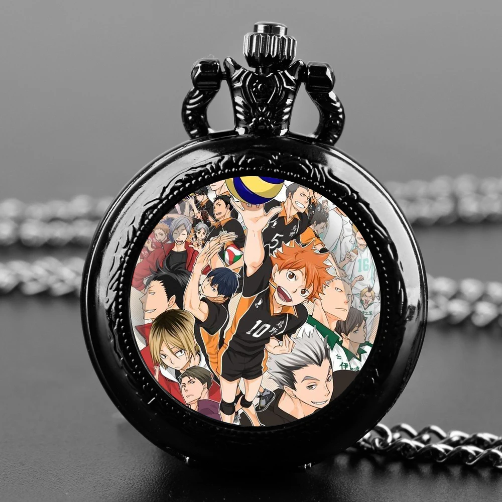 Famous Anime Haikyuu!! Glass Dome Vintage Arabic Numerals Quartz Pocket Watch Necklace Pendant Clock Chain Men Women Kids Gift