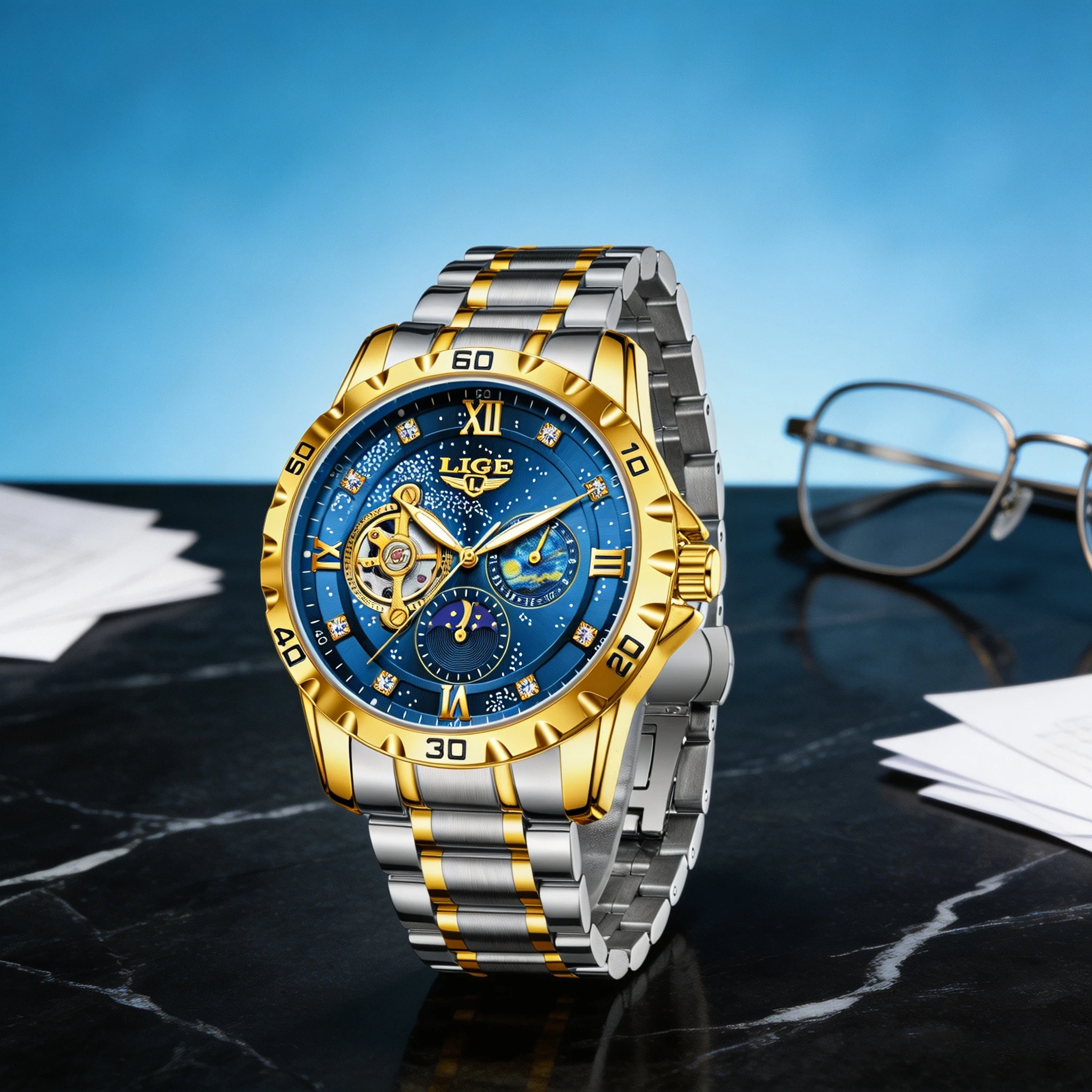LIGE New Automatic Mechanical Men Watch Business Waterproof Luminous Sun Moon Stars Men's Wristwatch Clock reloj hombre