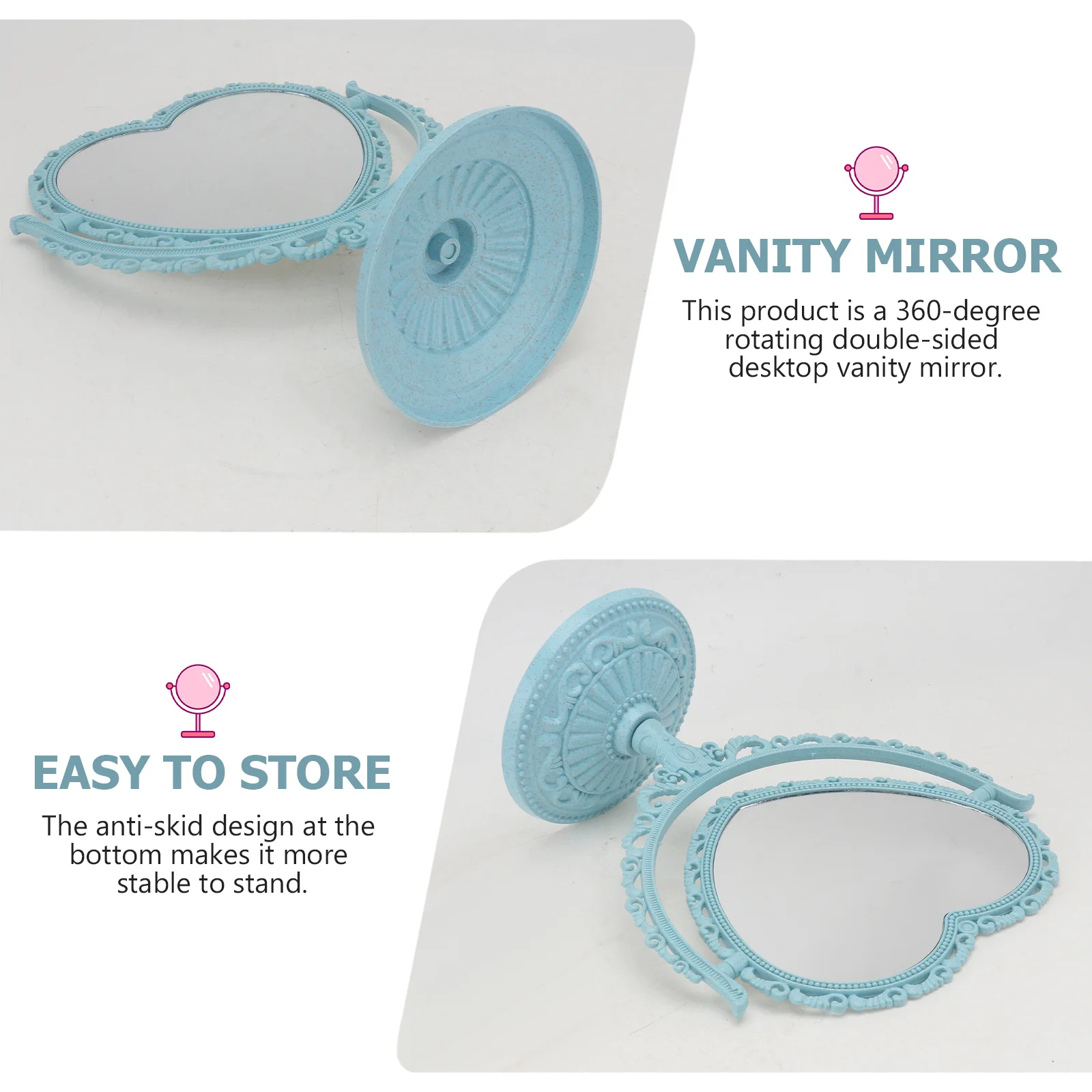 

Heart Shape Blue Makeup Mirror 360 Degree Rotation Double-Sided 2x Magnification Exquisite Design Durable Fadeless