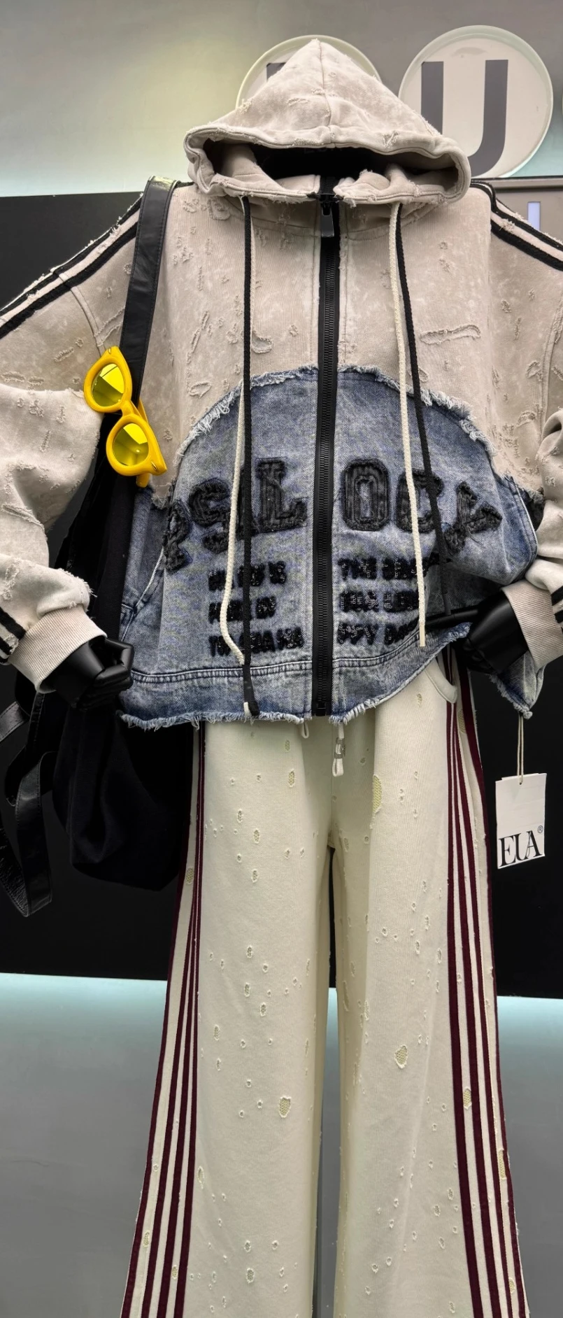 European Style Hoodies Women 2025 Autumn New Ripped Patchwork Denim Embroidered Cardigan Hooded Sweatshirt Jacket for Women