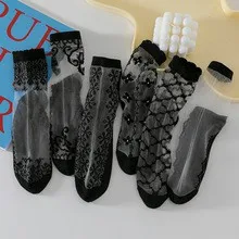5/10 Paar Damen-Socken mit Spitze, mittlere Röhre, Kristall, Retro-Blumenmuster, Sommer, leicht, verschleißfest, atmungsaktiv, Freizeitsocken – Detail 9
