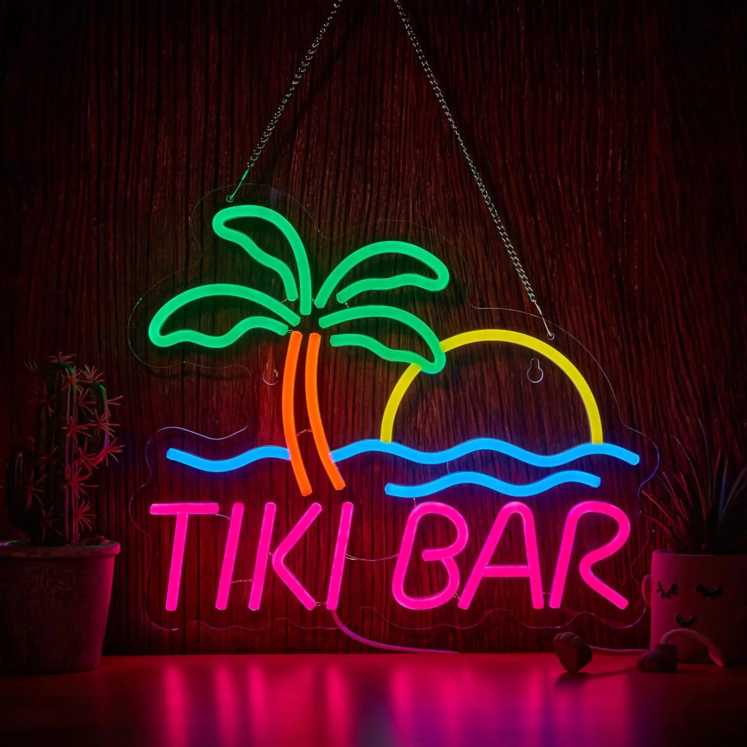 

Неоновая вывеска Tiki Bar: Яркая пальма, солнце, пляж. Светодиодный настенный декор для домашнего бара, игровой комнаты, вечеринок. Тропическое освещение. Готово к использованию.