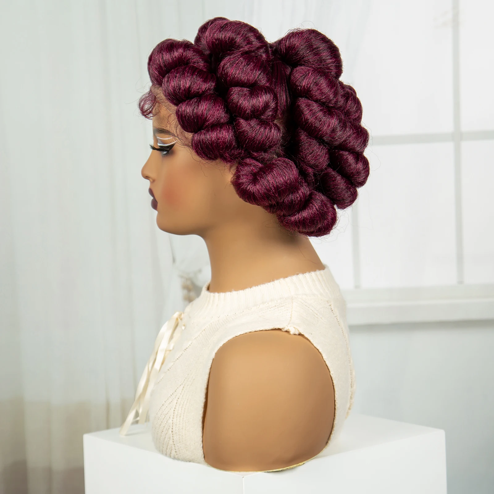 Bantu Braided Wigs Synthetic Transparent Full Lace Braided Lace Wig Burgundy Color 6Inch Short Cute Handmade Knotless Braids Wig