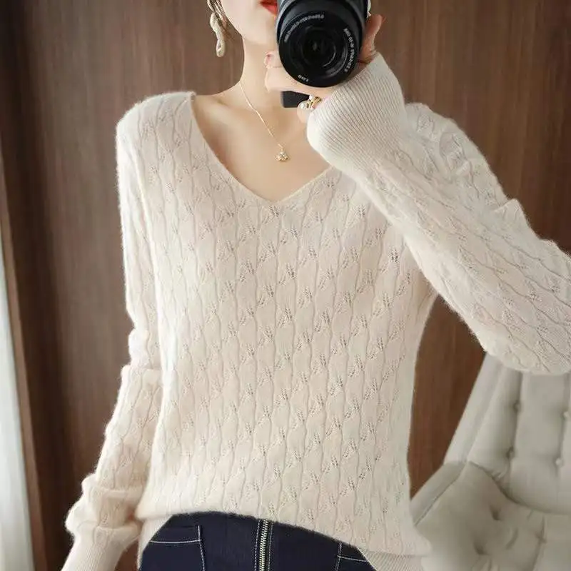 Spring Autumn New Fashion V-neck Long Sleeve Pullovers Women\'s Clothing Solid Color Sweet Temperament Knitting All-match Tops