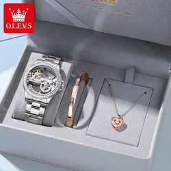 3 stks/set OLEVS 6699 Transparante Vrouwen Mechanische Horloges Luxe Automatisch Uurwerk Roestvrij Staal Waterdichte Holle Horloge Vrouw