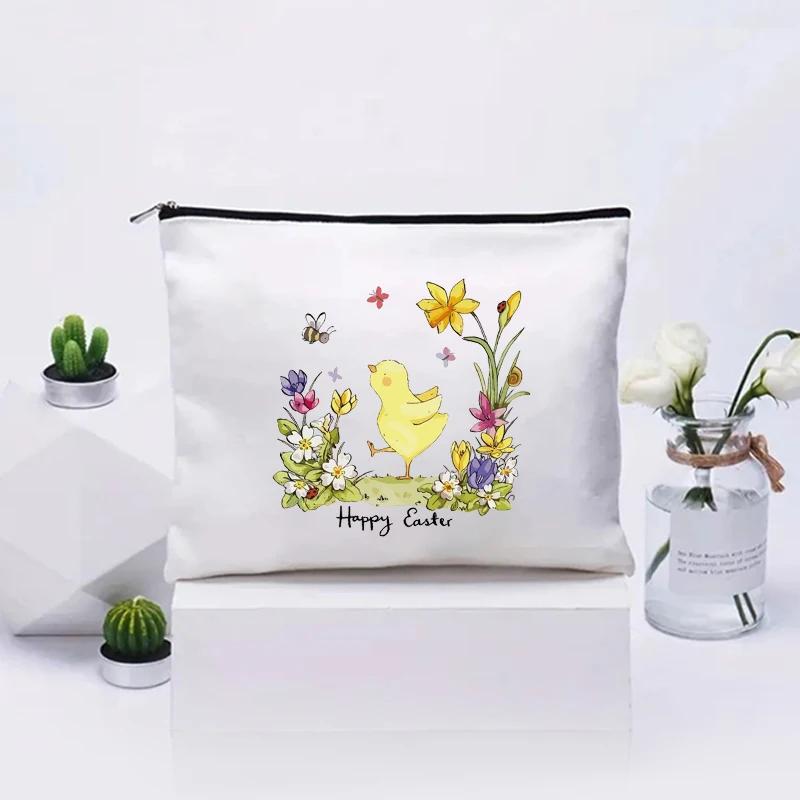 Happy Easter Chicken Easter Egg White Canvas Storage Bag Organizer Lipstick Perfume Pouch Travel Toiletries Bag Makeup Bags Gift