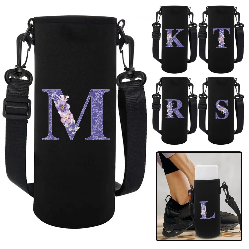 Water Bottle Sleeve with Adjustable Strap, Purple Flower Pattern Portable Insulated Water Cup Sleeve for Stainless Steel Bottles