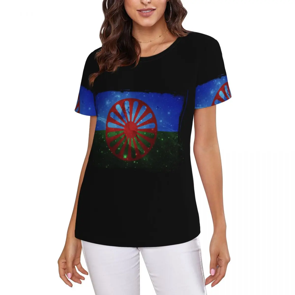 Romany Gypsy Flag T-Shirt Women Short Sleeve T Shirts Round Neck Streetwear Cotton Summer Tees Streetwear