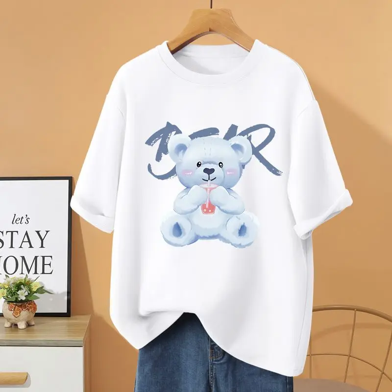 Summer 100% Cotton Loose Casual T-shirt, Women Clothing Cartoon Printed Basic Pullovers, Vintage O-neck Short Sleeve Top Tee