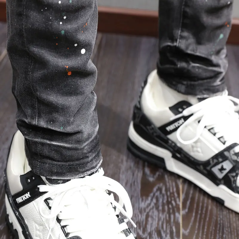 Street Fashion Men Jeans Retro Black Gray Stretch Skinny Fit Patched Ripped Jeans Men Painted Designer Hip Hop Brand Denim Pants