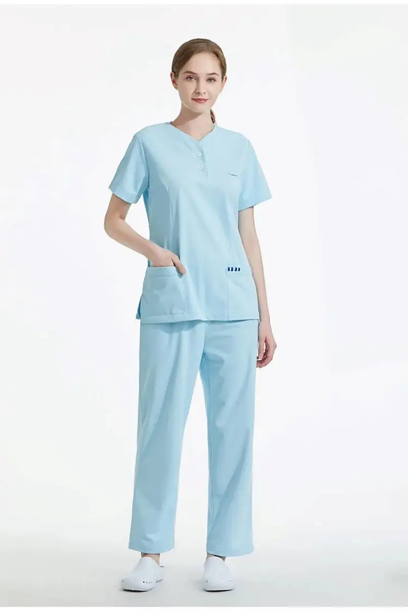 New Women's Summer Y Neck Dental Clinic Pet Shop Medical Scrub Uniforms Set Antiwrinkle Anti-Static Workingwear Waist Adjust