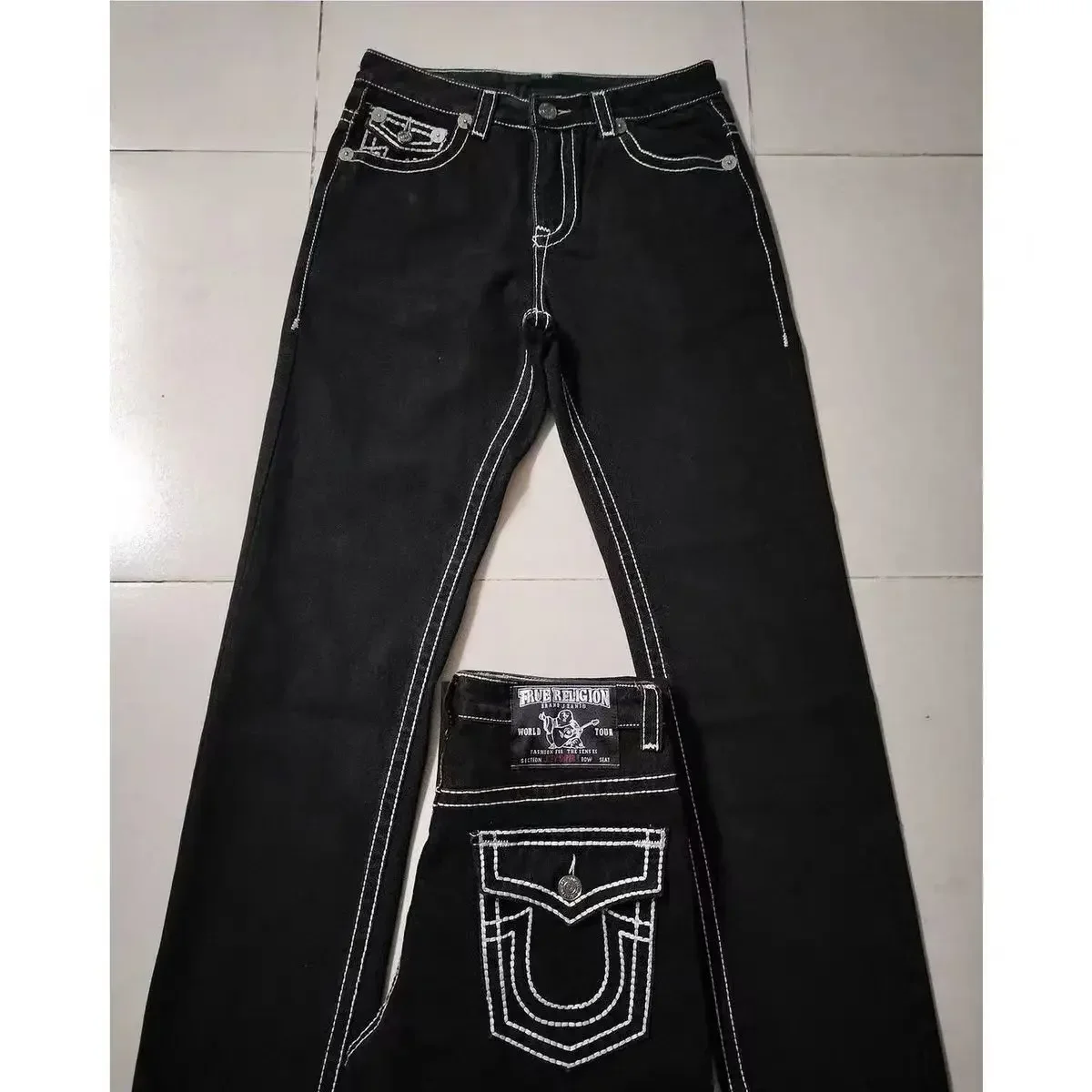 Pantalones vaqueros con patrón de Cruz de diamante de gama alta para hombres y mujeres, pantalones vaqueros Retro americanos, azul oscuro, Micro-flare, moda Y2k