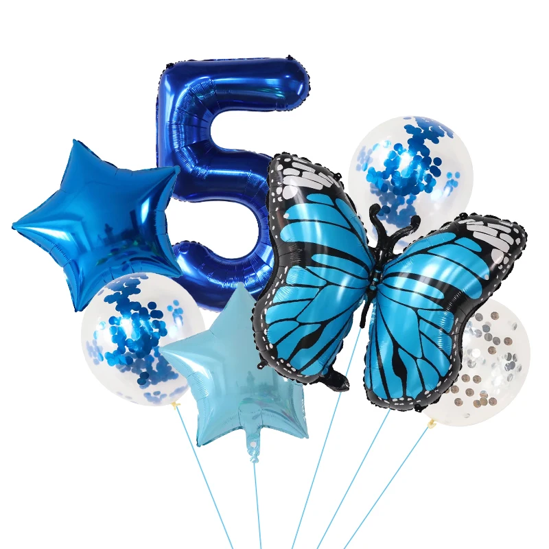 7Pcs Blue Butterfly Digital Balloons Set 30Inch Number Bow Air Globos Boys Girl\'s Birthday Party Home Decorations Kids Toys Gift