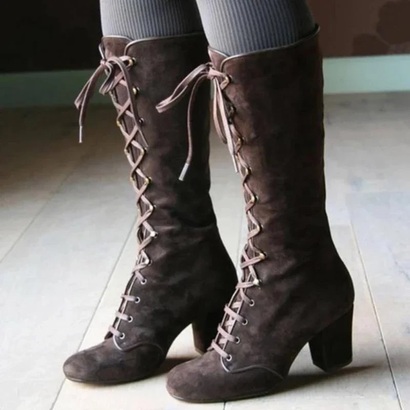 2024 Black Boots Women Shoes  Knee High Women Casual Vintage Retro Mid-Calf Boots Lace Up Thick Heels Shoes