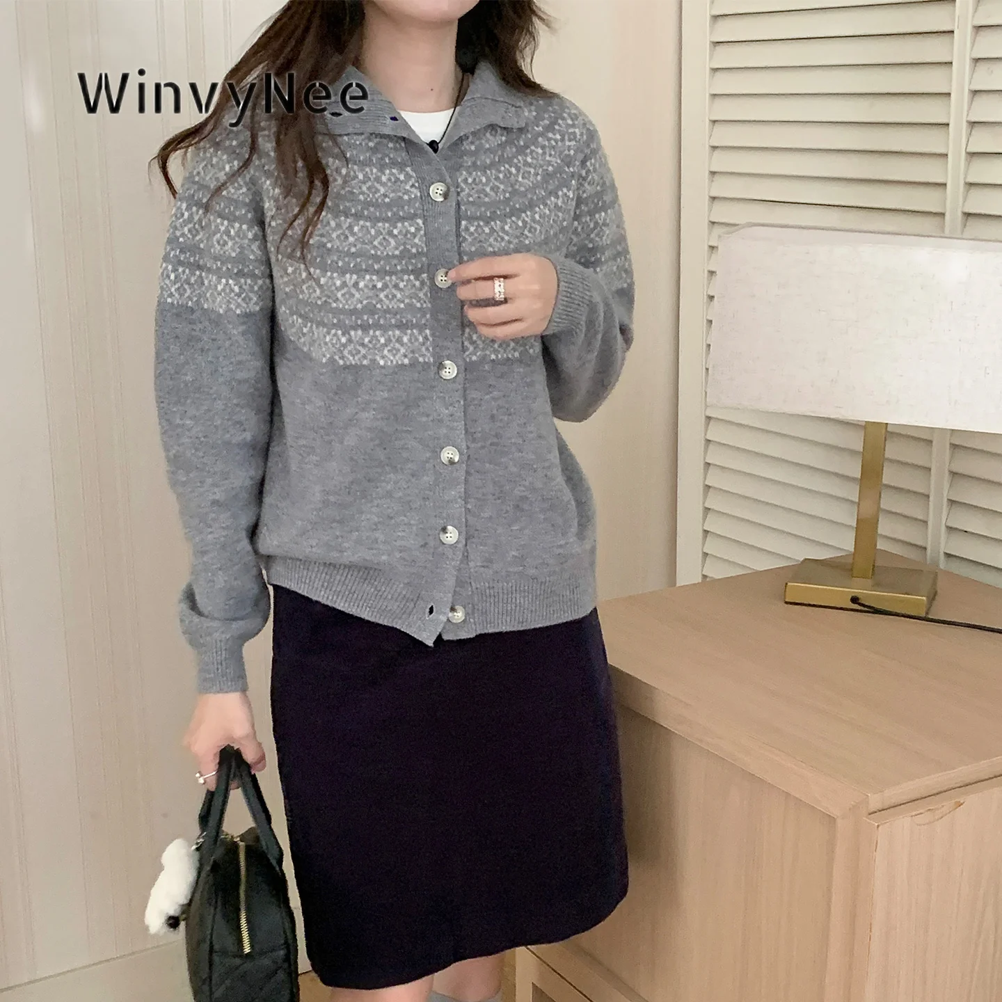 WinvyNee Women Jacquard Knitted Cardigan 100% Wool Stand Collar Long Sleeve Sweater Autumn Stylish Warm Knitwear Outfit B1523092