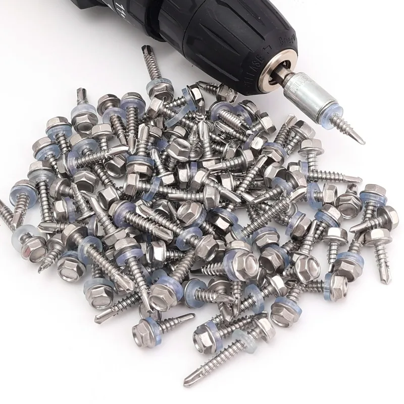 100/20PCS Hex Washer Head Self Drilling Screws Stainless Steel Self-tapping Screw With Sealing Ring Home Hardware Fasteners Kits