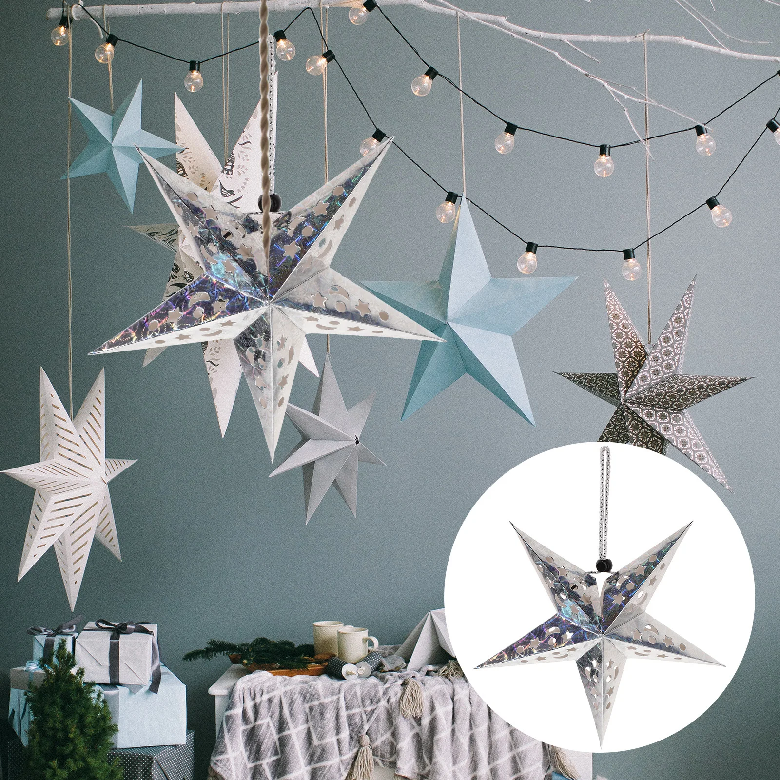

5Pcs Paper Star Light Hanging Pentagram Lampshade Decorative Lantern for Christmas Wedding Party Silver Star Ornament