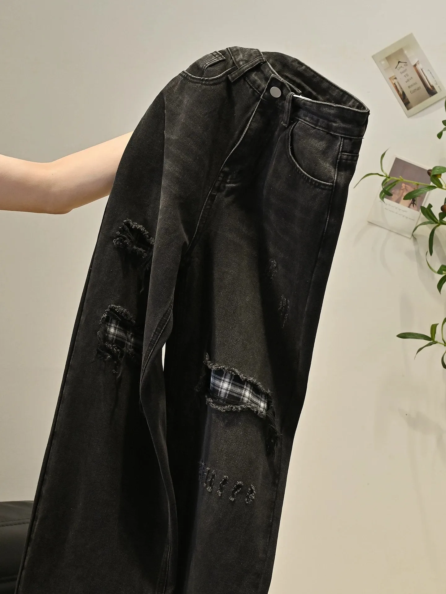

High Waist Wide Leg Denim Jeans Women's Autumn Winter American Style Washed Plaid Patchwork Hole Stretchy Loose Long Pants