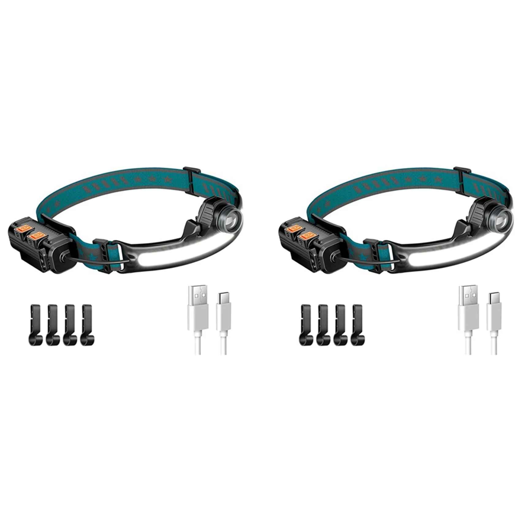 AB45 2X Head Light Lamp LED Rechargeable,1000Lumen Flashligh With Motion Sensor,With 4 Helmet Clip For Camping,Hiking