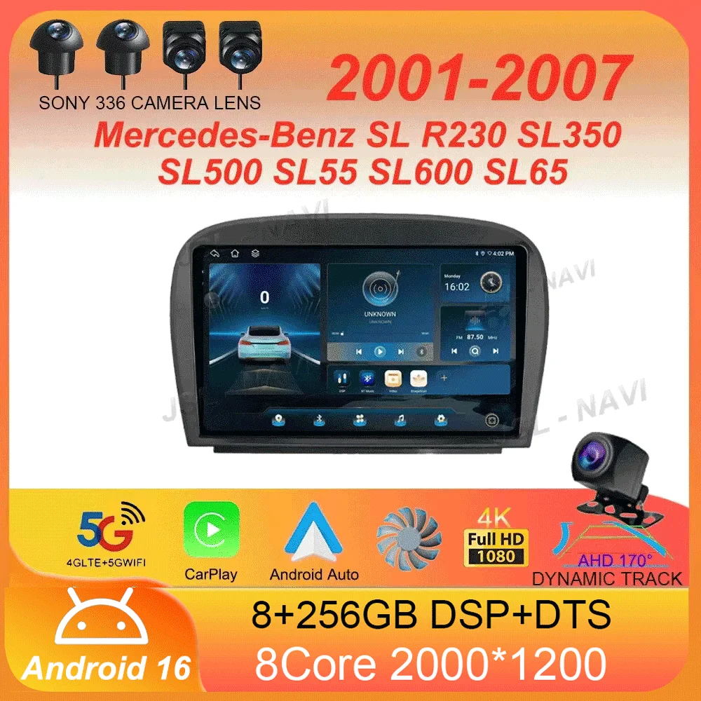 Android 16 Carplay BT For Mercedes-Benz SL R230 SL350 SL500 SL55 SL600 SL65 2001 2002 - 2007 Multimedia Car Radio Player WIFi+4G