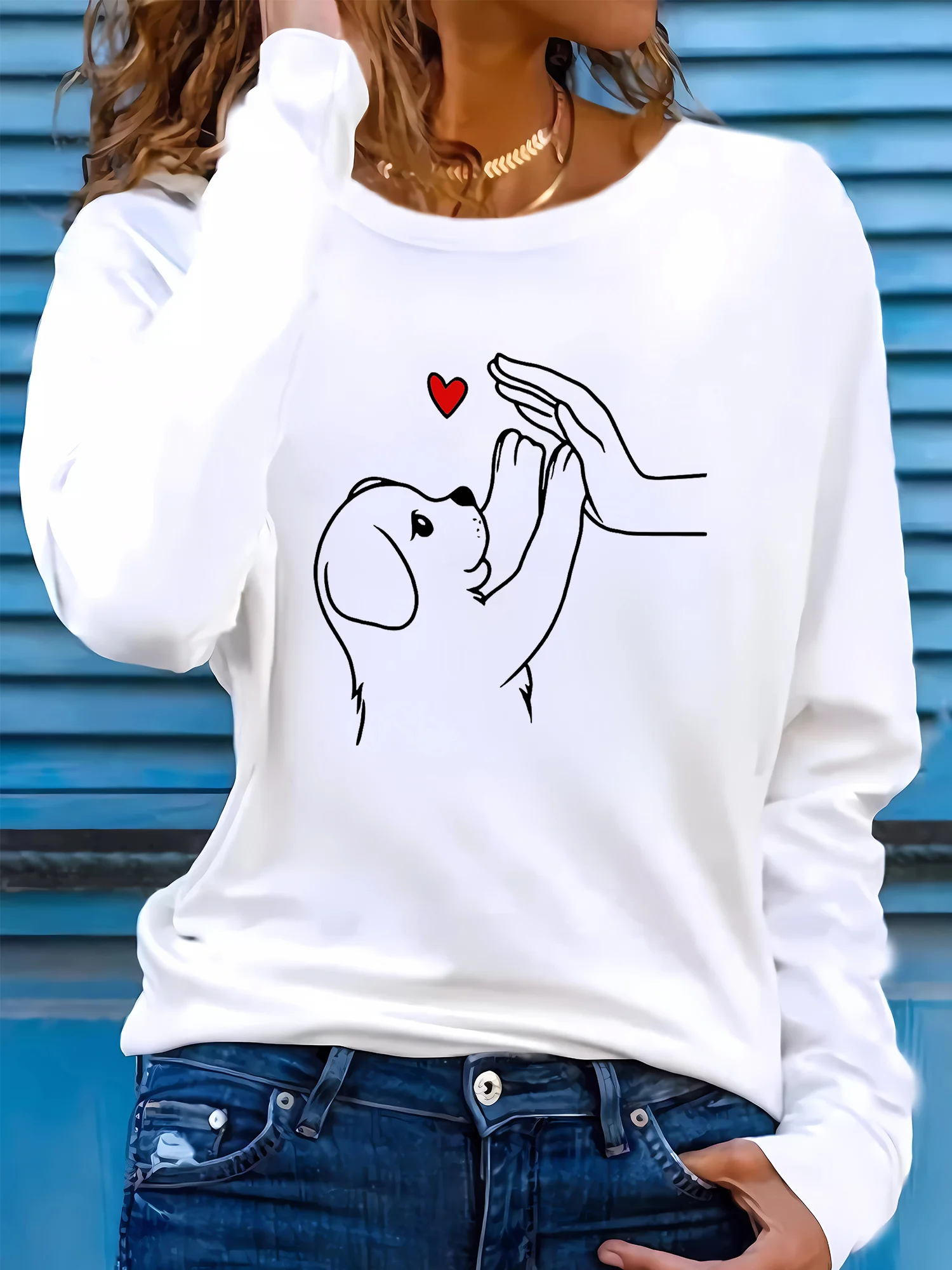 Women's Paw and Dog Thumbs Up Print T-Shirt Casual Round Neck Long Sleeve T Shirt Pet Lover Outfit Female Graphic Vintage Tops