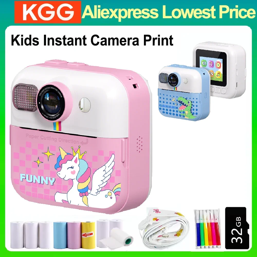 Kids Instant Camera Print Photo Games Flashlight 1080P Video Recorder Music with 3 Roll Paper Lanyard 1500Mah 2.4inch Screen