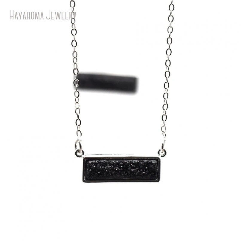 10Pcs Silver Plated Black Druzy Bar Drusy Horizontal Gemstone Pendant Necklace Stainless Steel Chain Women Jewelry