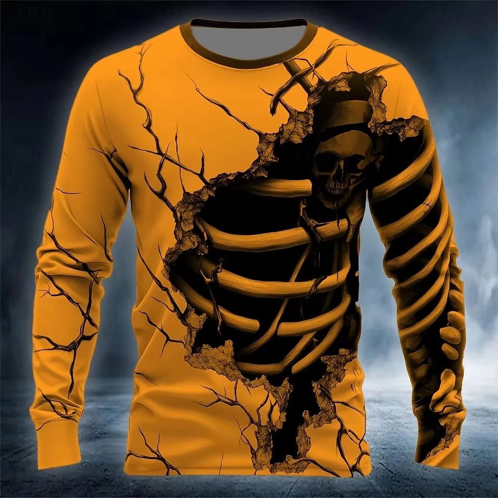 Men Halloween Crack Rip Skeleton Ribcage Skull Print Long Sleeve T Shirt Gothic Horror Casual Top Family Matching Outfits