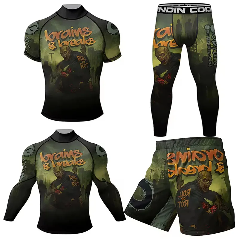 New BJJ Rash Guards MMA Grappling Jiu Jitsu T-shirt+Pants Set Muay Thai Shorts Training No Gi Fight Wear Men Compression Shirts