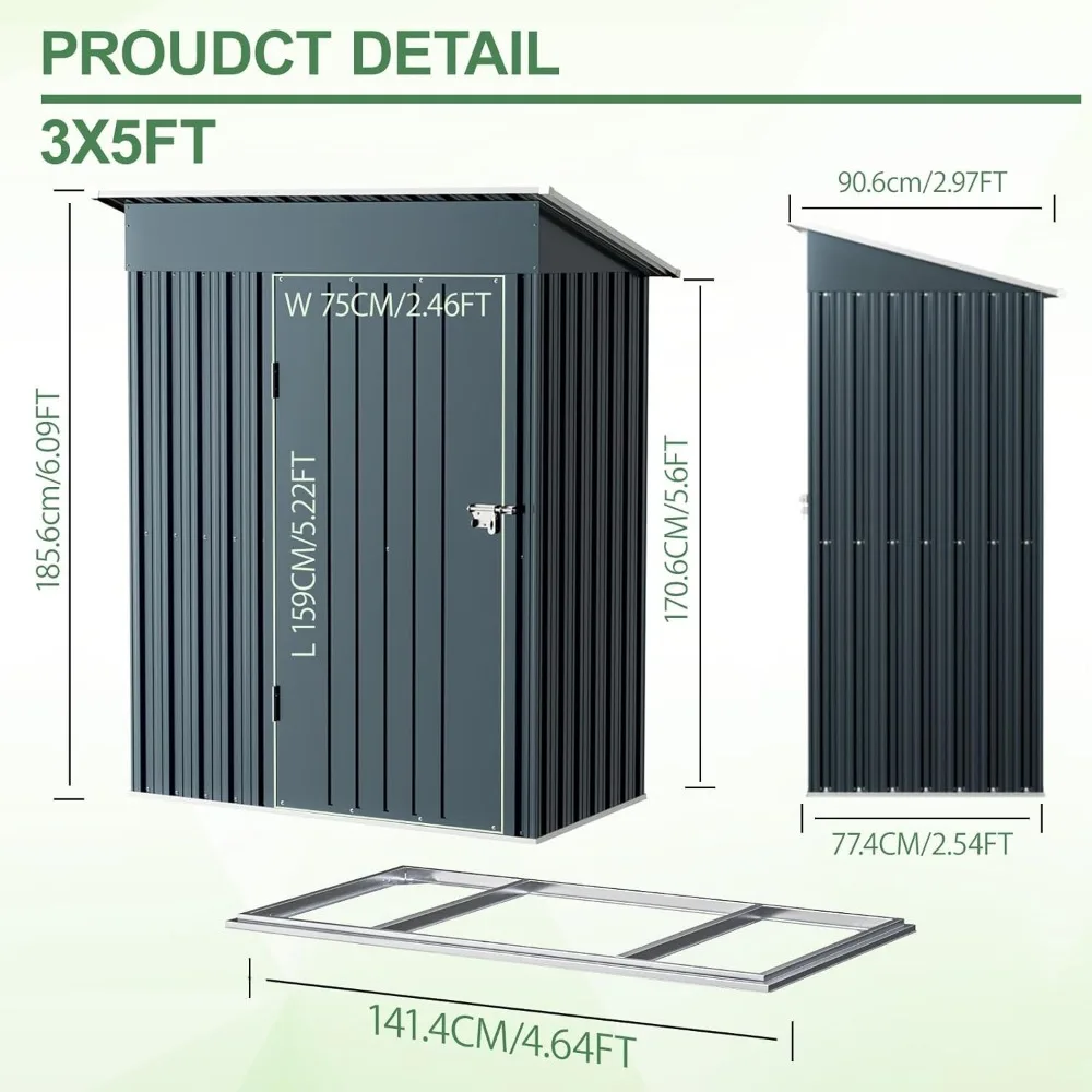 5x3FT แนวตั้งกลางแจ้งเหล็ก Storage Shed พร้อมกรอบพื้น,ประตูล็อค,โลหะขนาดกะทัดรัดเครื่องมือ Shed สําหรับ Garden, Backyard, Patio