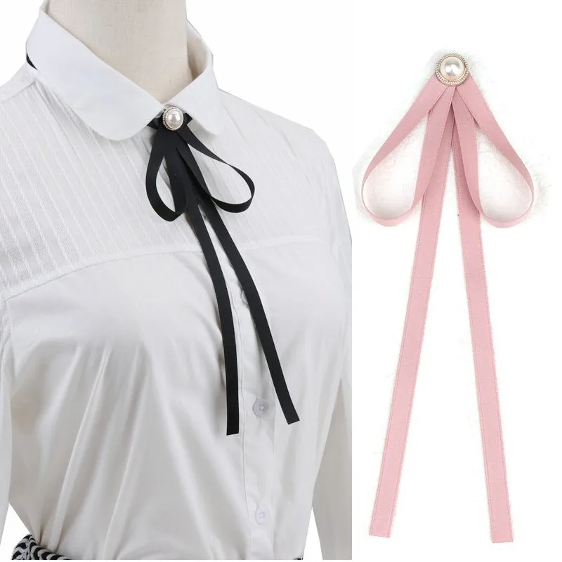 

Pearl Ribbon Brooches Pin Bow Tie Vintage Pre-Tied Collar Black Blue Bowknot White Shirt Necktie Clip Women Girls Clothes Ties