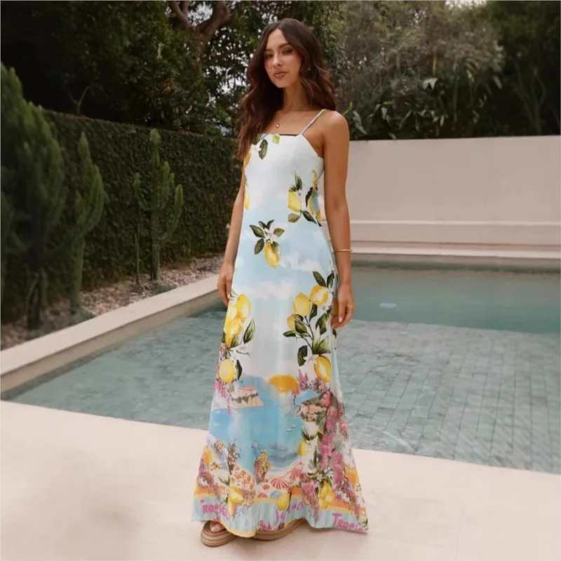 ฤดูร้อนชุดผู้หญิงแขนกุดสแควร์คอปรับสายรัดมะนาวพิมพ์กลับผูกโบว์เซ็กซี่ backless Cami ชุดยาว