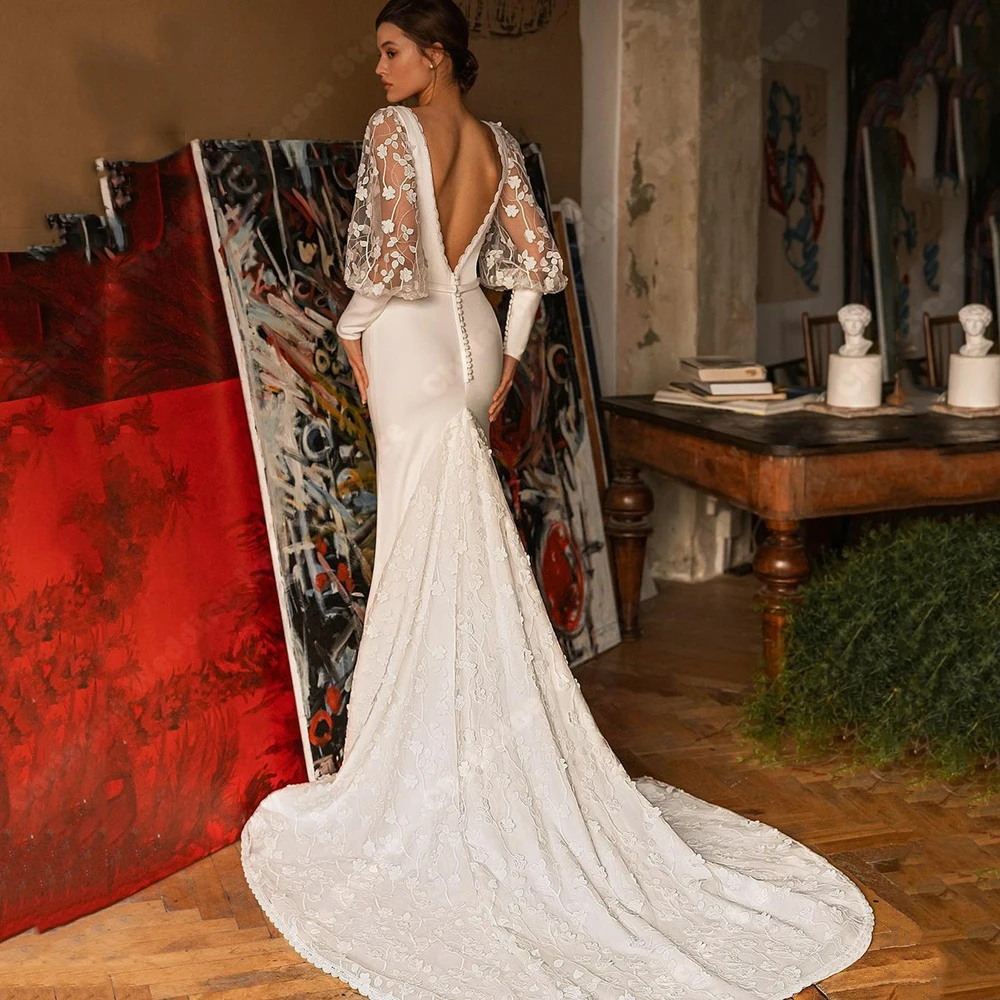 Abiti da sposa a maniche lunghe in pizzo con scollo a v Appliques in pizzo dolce lunghezza di lavaggio abiti da sposa a sirena abiti su misura De Noivas