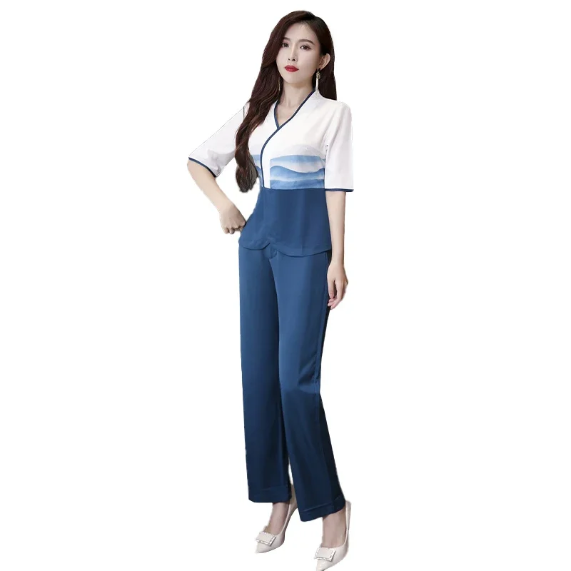 New Spa Uniforms Women Salon Foot Bath Massage Technician Esthetic Overalls Working Sauna Work Clothes for Female Pants Suit