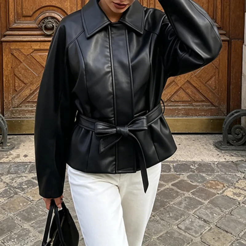 HKSH Women Leather Jacket Elegant Stylish Lace-Up Trendy Waist-Cinching Sashes Patchwork Design Dark Style Ins Slim Coat HK25546