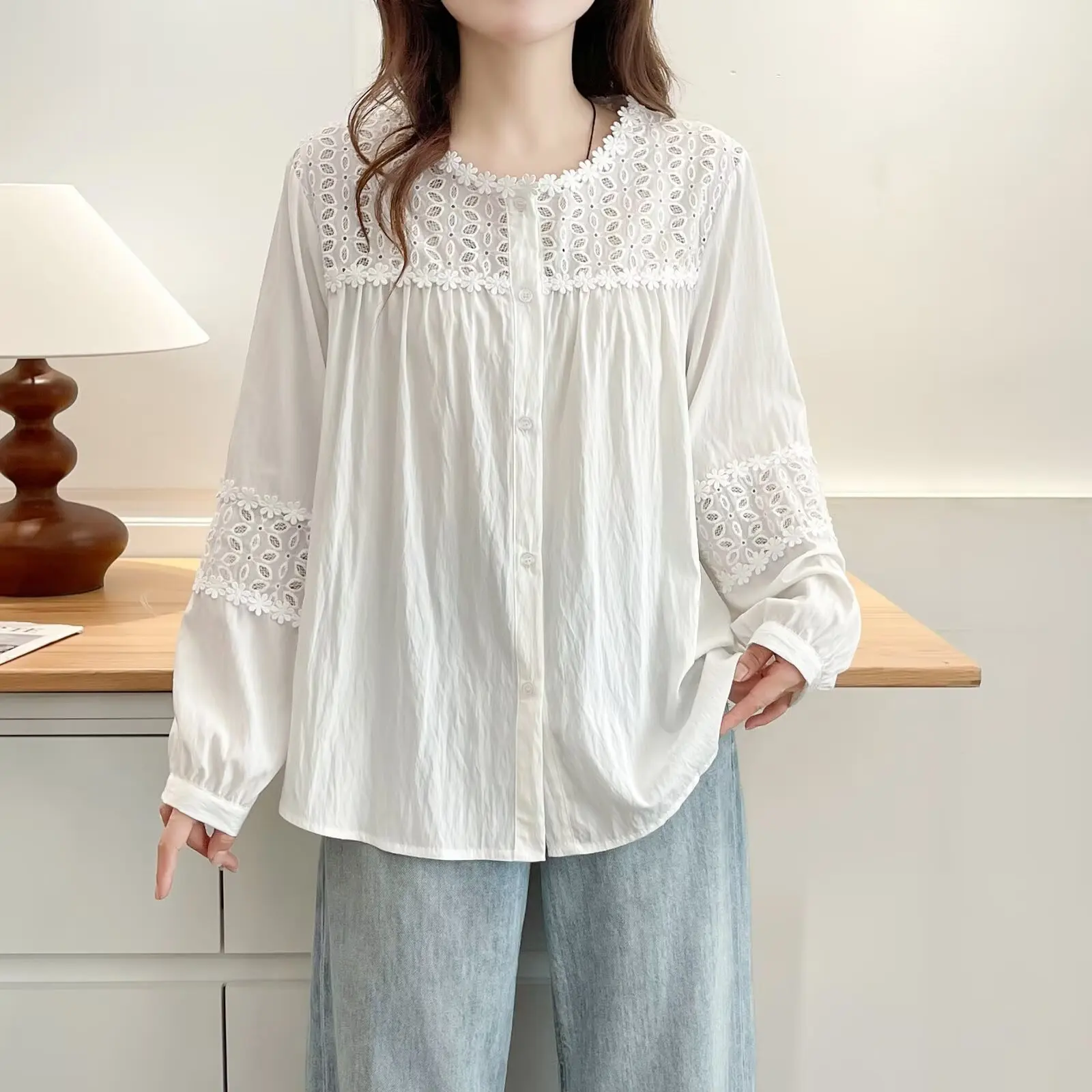 

Модные женские блузки больших размеров в корейском стиле, вязаная крючком лоскутная рубашка с длинными рукавами 815