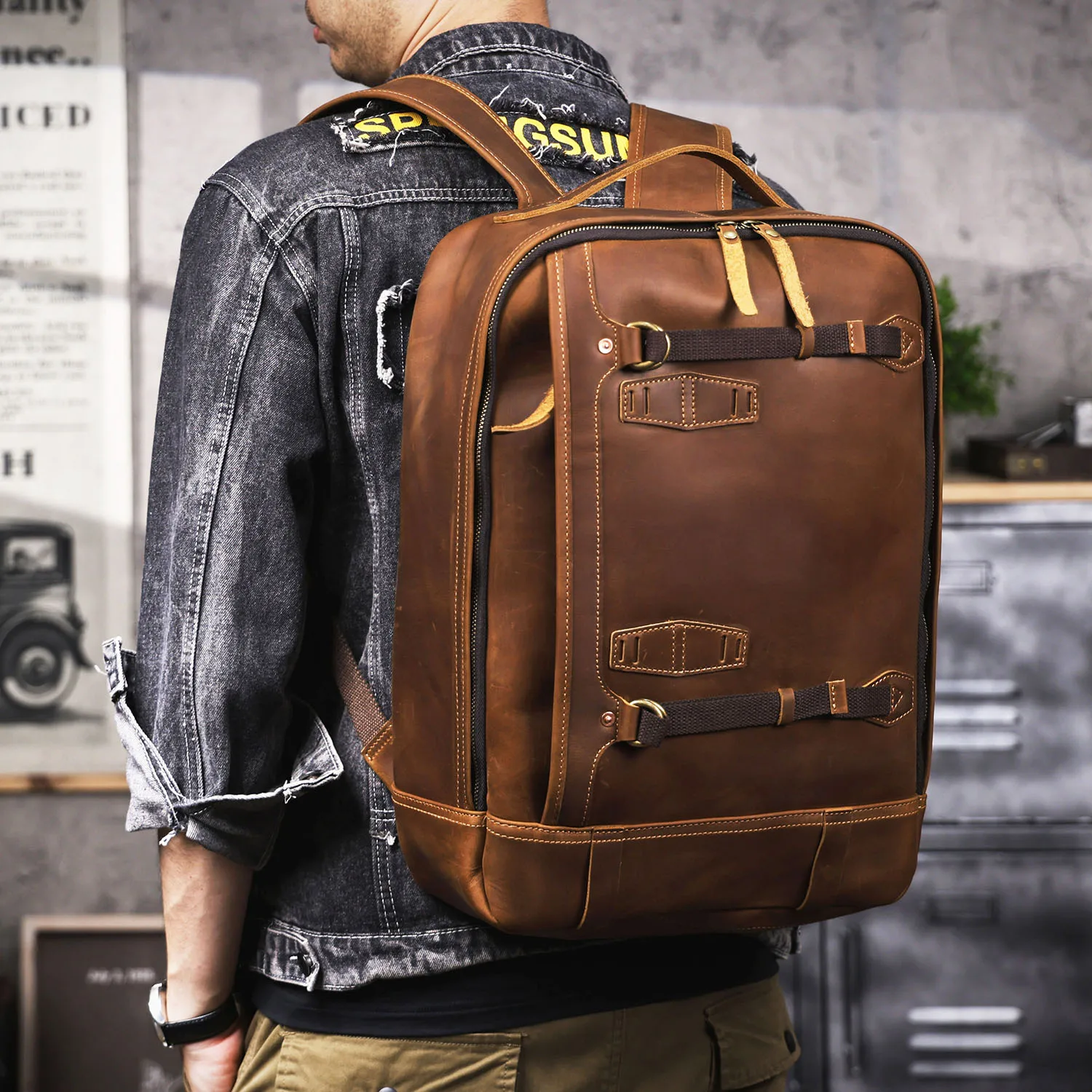S.WORKER Vintage Echtleder-Rucksack 16" Laptop-Tasche Lässige Crazy-Horse-Leder-Schultasche Outdoor-Reise-Weekender-Tasche – Detail 5