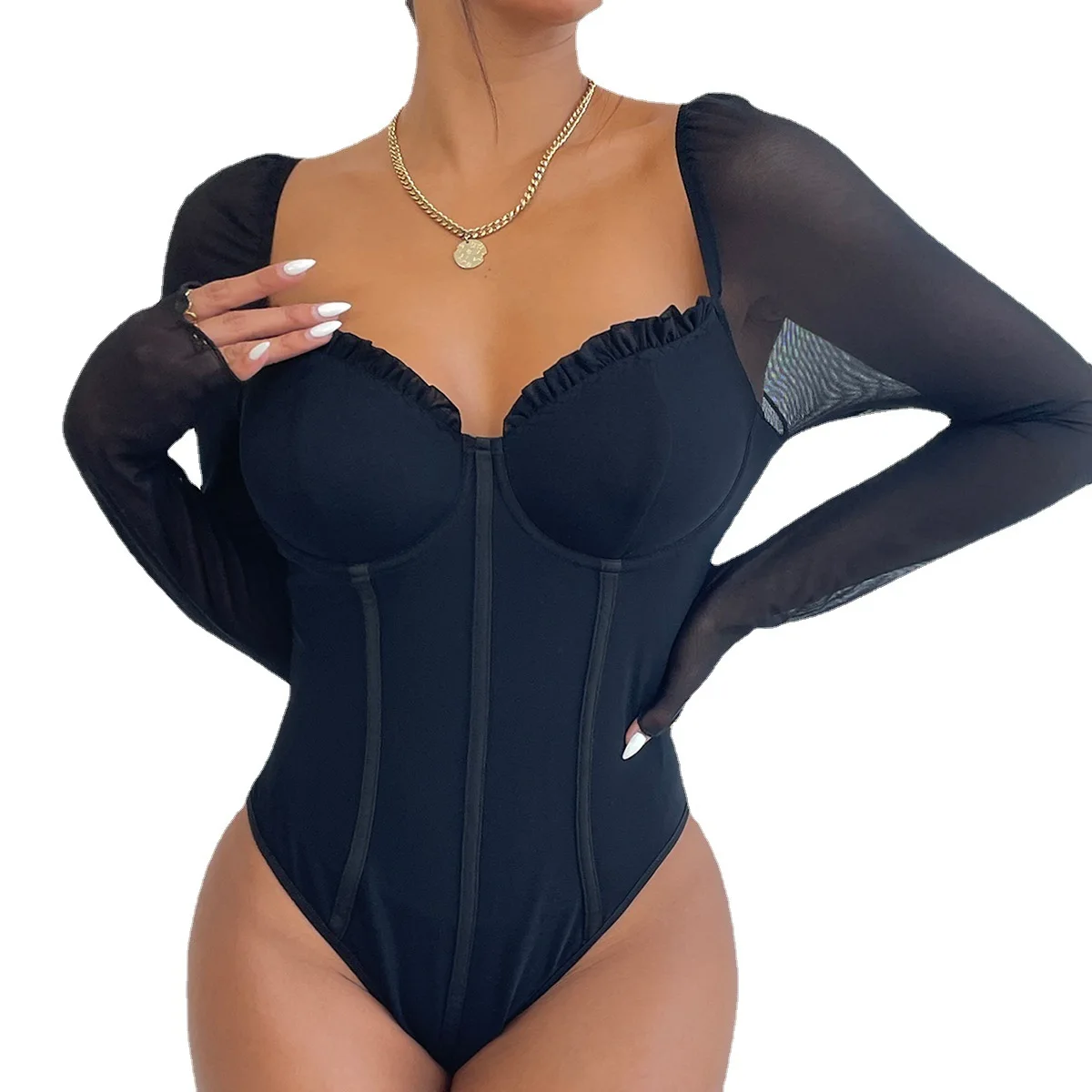 

Black Long Sleeve Mesh Bodysuits Sexy Women Slim Fit Corset Shapewear Nightclub One Pieces Lingerie Bustier Bodyshaper Jumpsuits